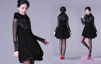 <em>兔毛</em>毛领丝绒蕾丝盘花背心<em>毛衣连衣裙</em> - <em>连衣裙</em>