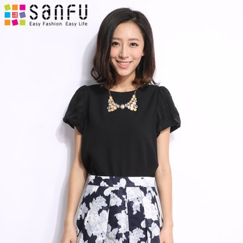 <em>三福</em>2014夏季新品<em>女t恤</em> 韩版蝴蝶结系带上衣灯