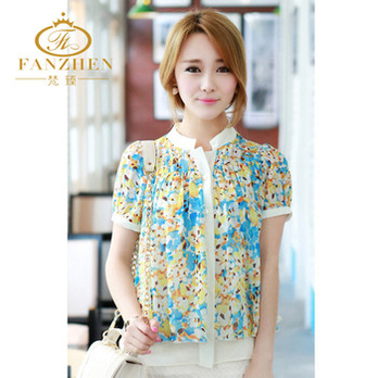 梵臻 夏装2014短袖雪纺衫 韩版宽松碎花泡泡袖