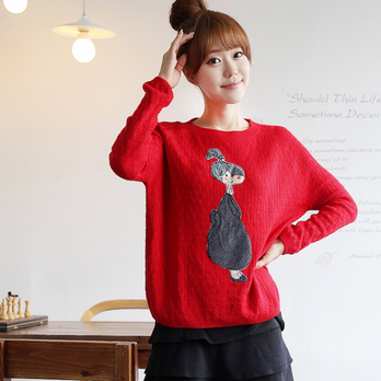 韩都衣舍秋装新款女装圆领插肩袖卡通图案毛衣