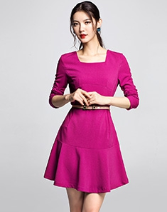 IAIZO紫红色方领时尚长袖连衣裙 - 连衣裙\/裙子