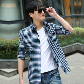 春装新款韩版修身男士法兰绒小格子衬衫长袖衬