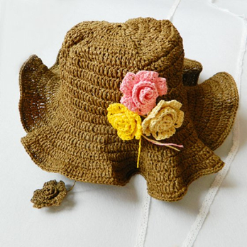 纯手工勾织甜美可爱草帽波浪帽檐沙滩帽小孩成