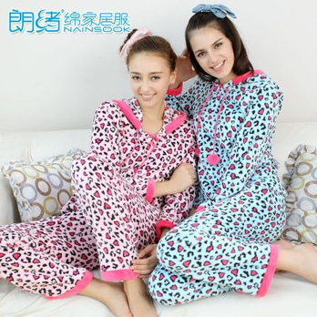 朗绪nain sook女式珊瑚绒<em>可爱</em>豹纹连帽<em>睡衣</em>家