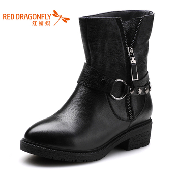 <em>红蜻蜓</em> 真皮<em>女鞋</em>2013新款冬季<em>休闲</em>粗跟短靴中