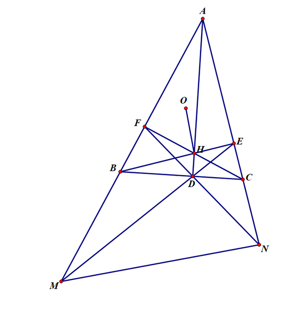 如图,△abc中,o为外心,三条高ad,be,cf交于点h,直线ed和ab交于点m,fd