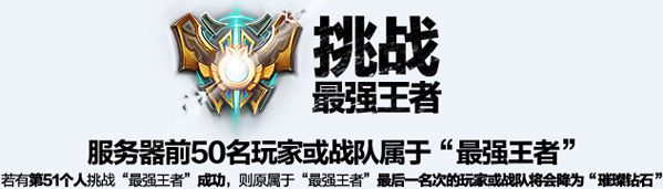 服务器前50名玩家或战队属于"最强王者"若有第51个人挑战"最强王者"