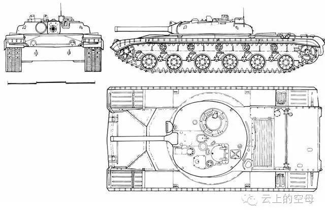 该型坦克的三视图,炮塔采用整体铸造方式,车身比较低矮,减小了被弹