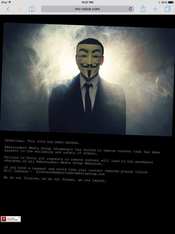 匿名者黑掉Embarcadero新闻网站抗议网站发布有害内容