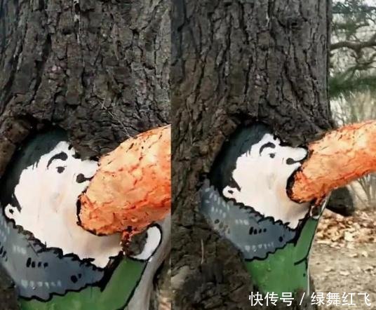 美术生在树干上画王思聪吃面包,当看见成品时
