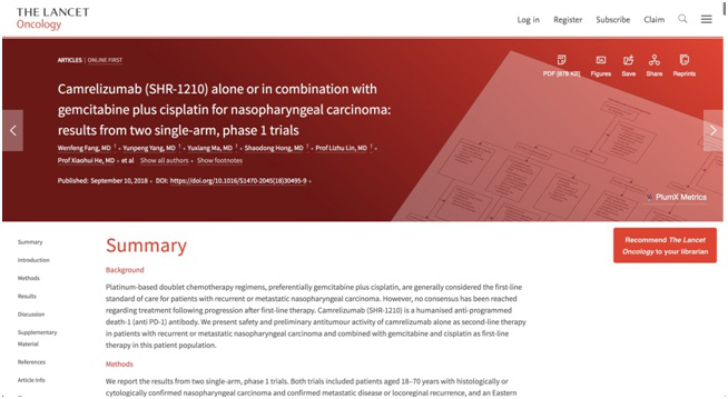 国产PD-1免疫疗法治疗鼻咽癌,两项临床试验效