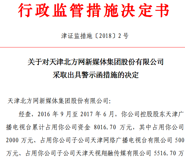 遭关联方占用资金逾8000万 北方新媒被天津证监局警示