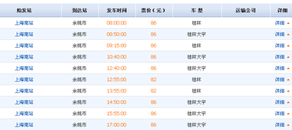 上海南站长途汽车站到余姚长途汽车东站时间表
