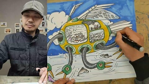 少儿科幻画：鸟形捕鱼机器