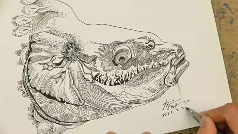 胡思乱画：钢笔线描鱼头