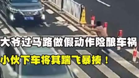 大爷过马路做假动作险酿车祸，小伙下车将其踹飞，按在地上暴揍！