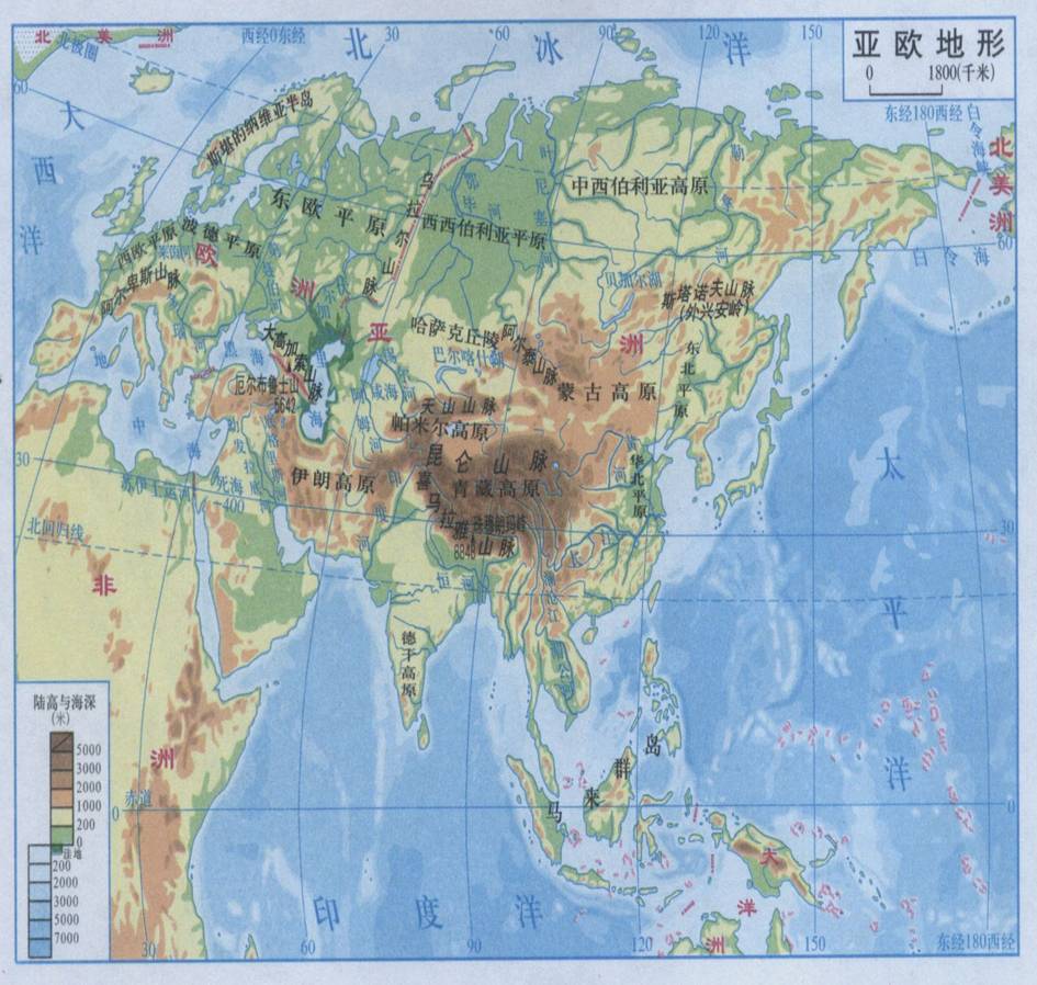 亚洲山脉分布图高清图片